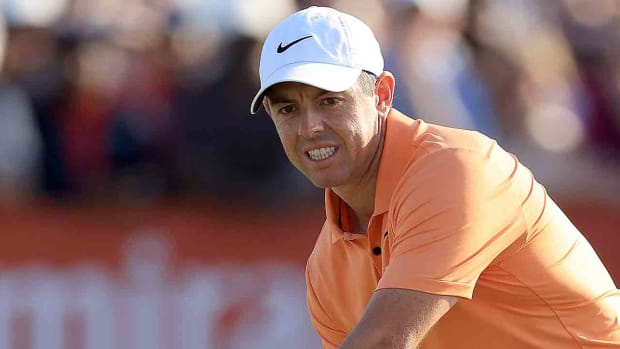 Rory McIlroy of Northern Ireland just misses a putt on the 18th hole to force a playoff during the final round of the 2024 Dubai Invitational at Dubai Creek Golf and Yacht Club in Dubai, United Arab Emirates.